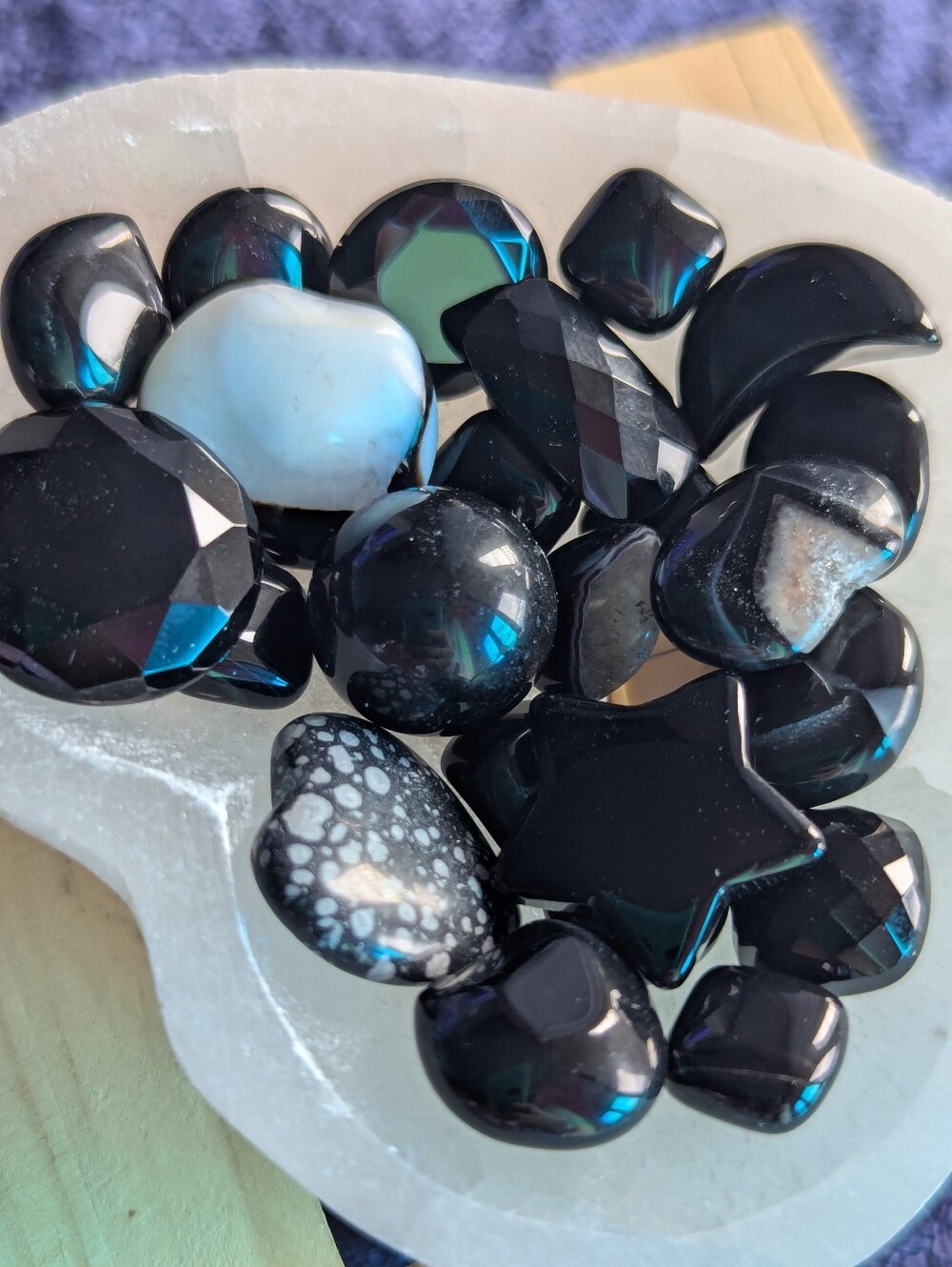 Brazilian Black & White Agate ☪️ Obsidian Moon & Star Heart Bowl Halloween decor